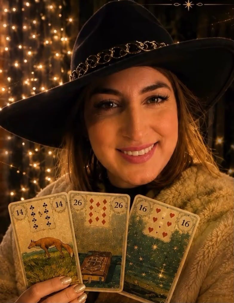 Paola Guarino mostrando tres cartas del Oráculo Lenormand